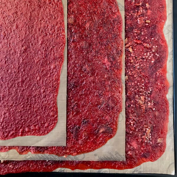 3 textures and flavours of rhubarb and strawberry fruit leather (smooth, with fruit pieces or with nuts/seeds).