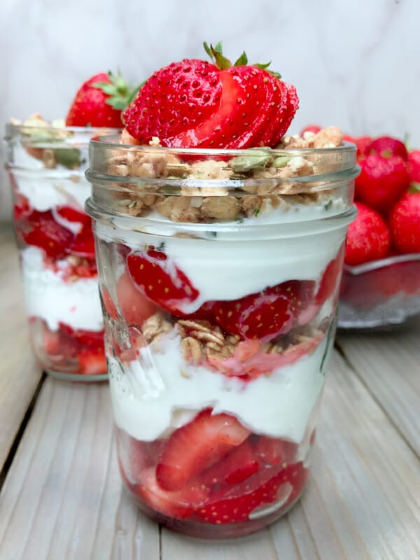 strawberry yogurt parfait in jar