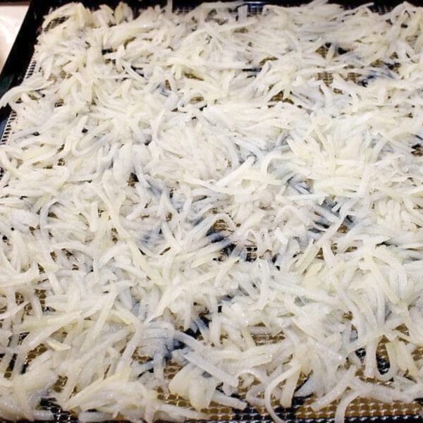 blanched shredded potatoes on dehydrator tray