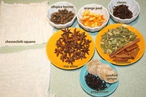 Mulling spices include allberries, orange peel, cloves, anise, cardamon, cinnamon, ginger and black pepper.