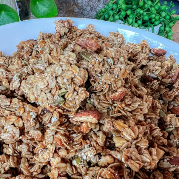 granola clusters with nuts in bowl