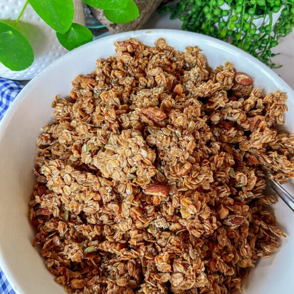 granola with nuts in bowl with spoon