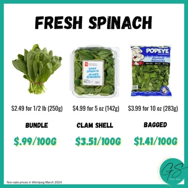 three types of fresh spinach with prices