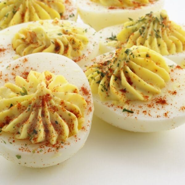 deviled eggs, piped into a rosette.