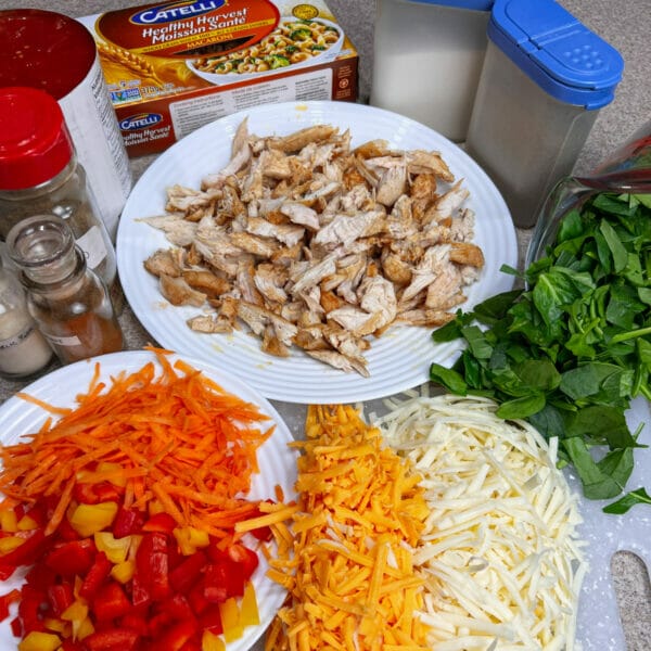 ingredients on table for macaroni spinach chicken bake