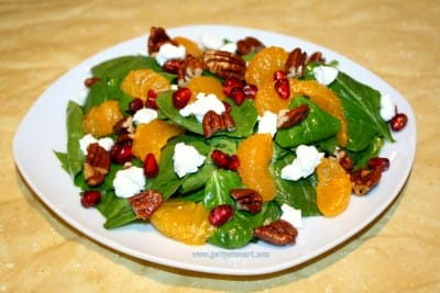 Spinach and orange salad with pomegranate, pecans and goat cheese