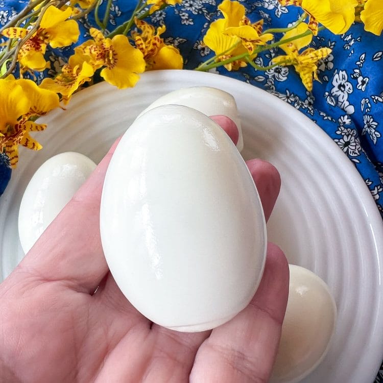 smoothly peeled egg in my hand