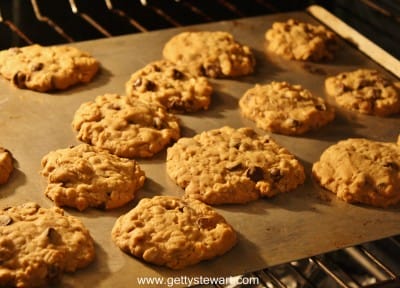 choco chip cookies in oven