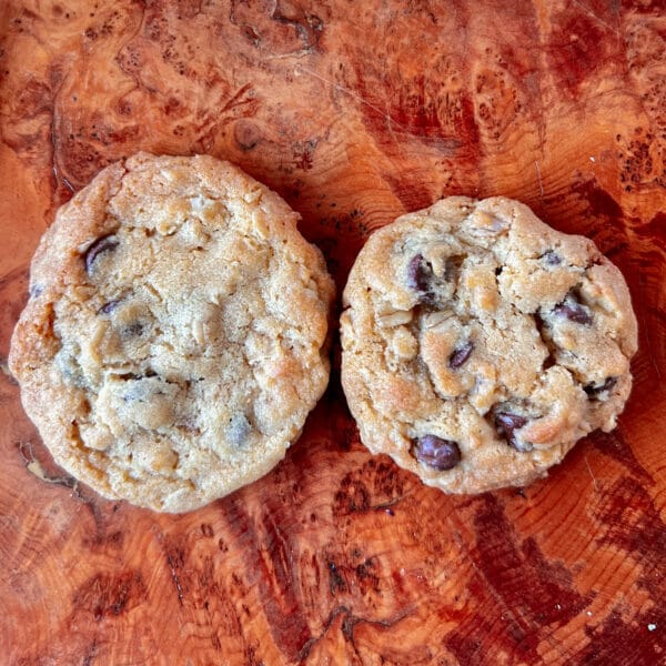 two chocolate chip oat cookies, one flatter than the other