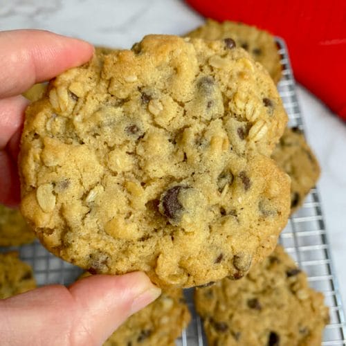 chocolate chip oat cookies in hand