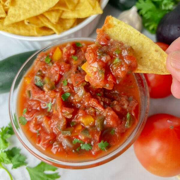 freezer salsa in bowl with chip
