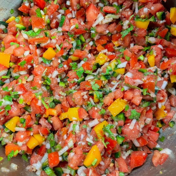 freezer salsa ingredients chopped an in a pot