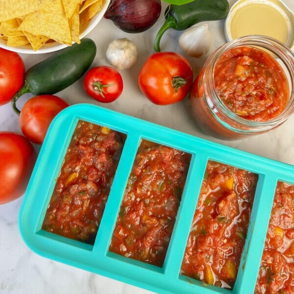 salsa in silicone freezer container and a glass jar beside raw ingredients