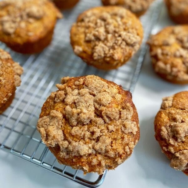 close up of streusel on muffin