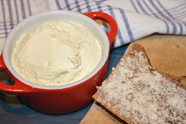 close up of extended butter in dish