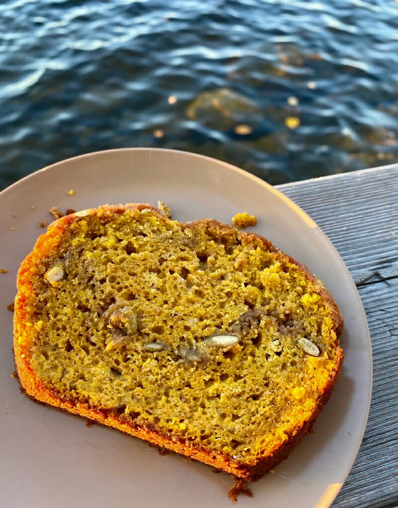 orange pumpkin loaf slice at lake