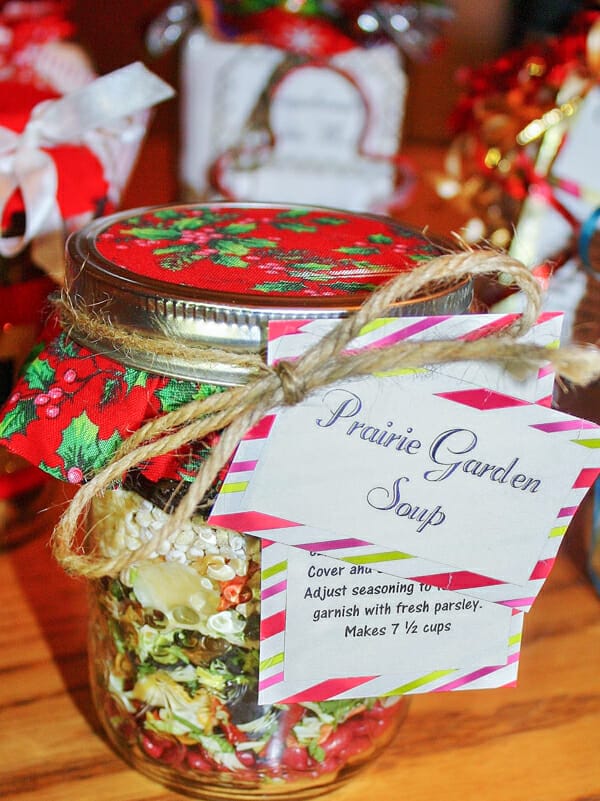 Prairie garden soup mix in festive glass jar with instructions gift tag.