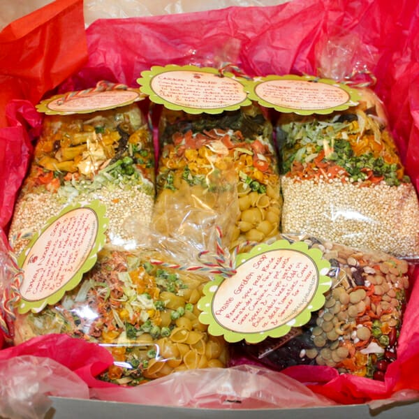Gift box with selection of 5 soup mixes each with their own instruction/gift tag.