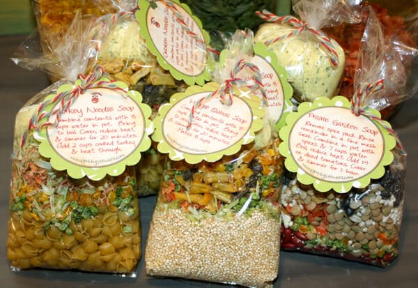 Collection of three soup mixes in bags with instruction/gift tags attached.