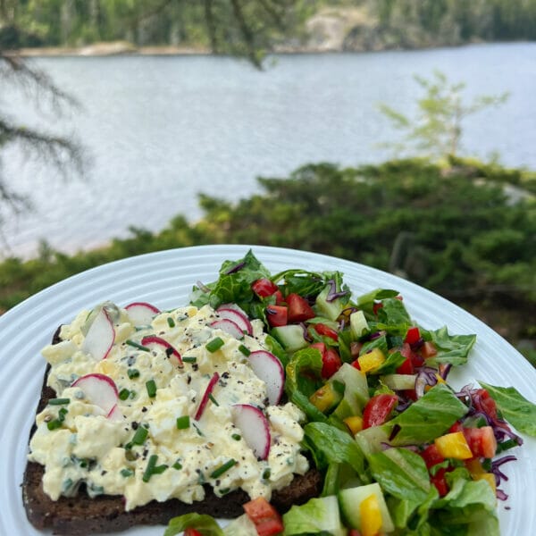egg salad on plate garnished with radishes lake visible in background