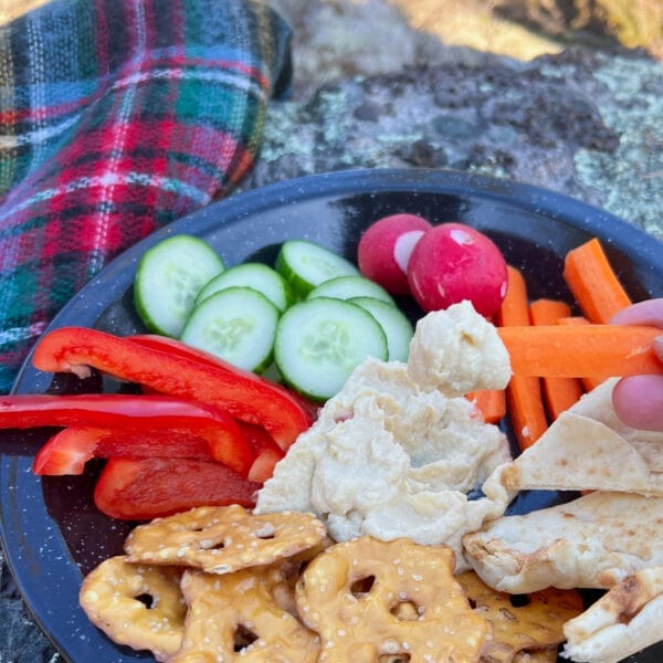 carrot dipped in hummus next to veggies and crackers outside