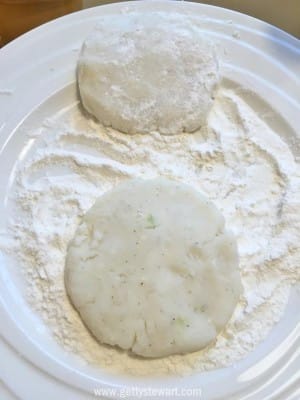 dredge mashed potato patties in flour