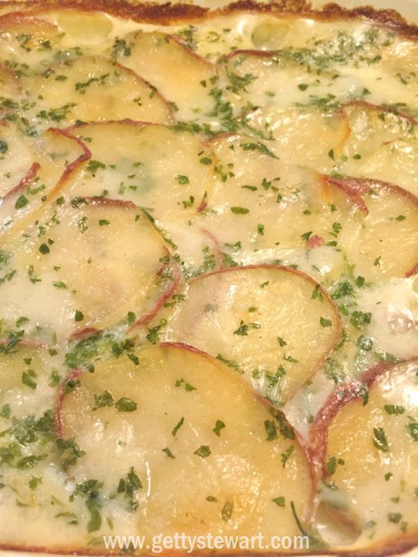 Close up of prepared scalloped potatoes