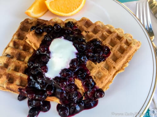 sweet potato waffles with blueberries