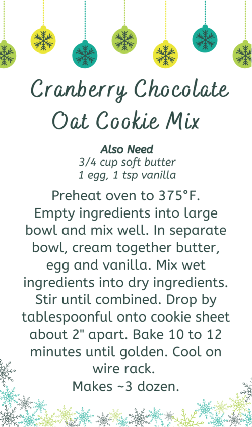 Gift tag with instructions. Label for cranberry chocolate oat cookie mix in a jar.