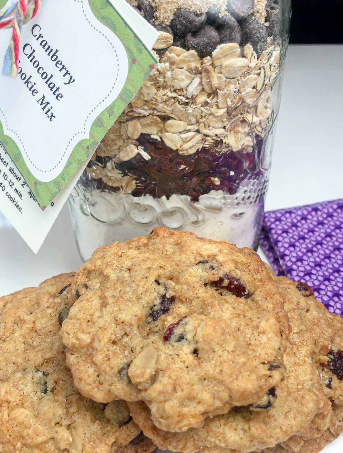 Cranberry chocolate oat cookie mix in a jar with instruction/gift tag. Prepared cookies in front of jar.