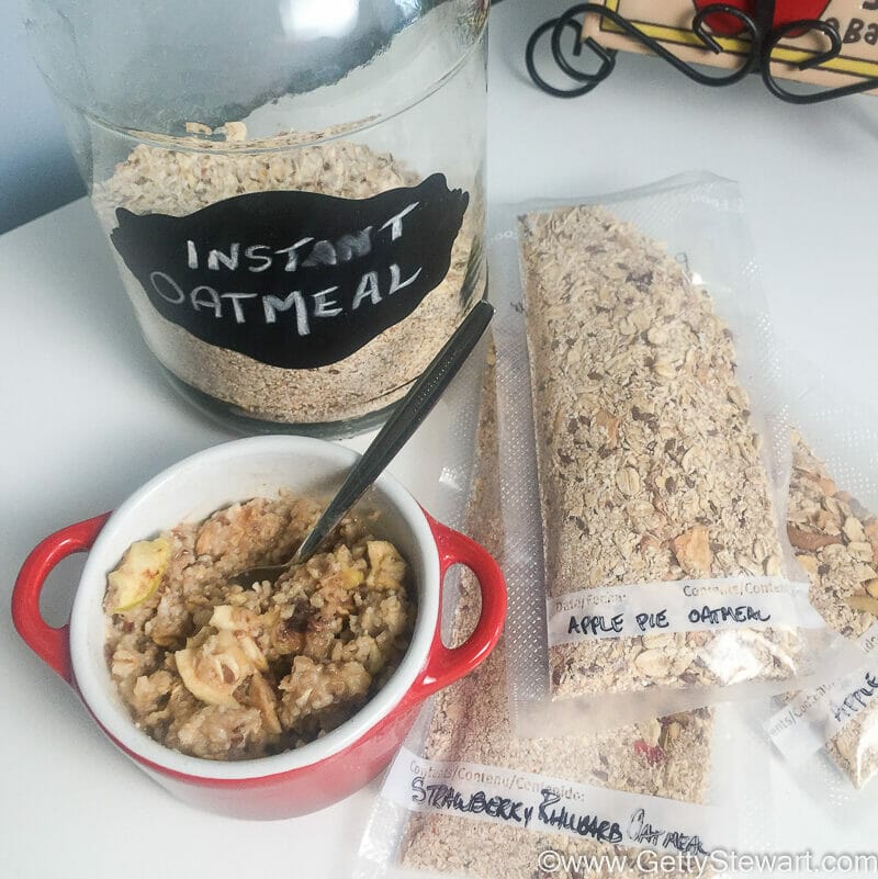 homemade instant oatmeal shown in 3 ways: in sealed packages, in a jar and prepared in a cup with a spoon