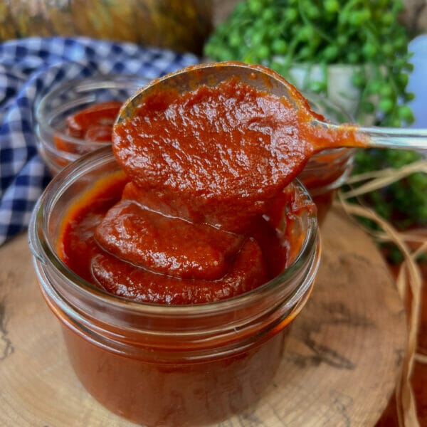 smooth rhubarb bbq sauce on spoon over jar
