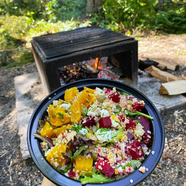 beet and quinoa salad by campfire