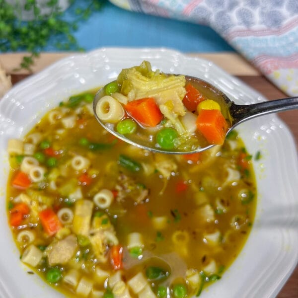 chicken soup in bowl with ditali pasta and veggies on spoon