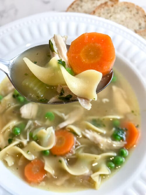 chicken noodle soup on spoon