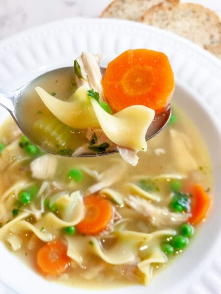 chicken noodle soup on spoon showing wide egg noodles chicken and veggies