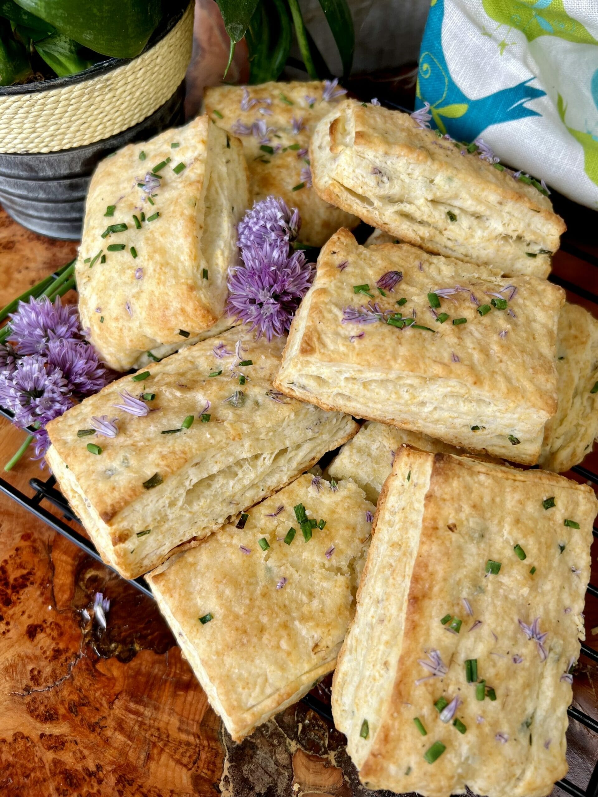 stack of chive biscuits with blossoms