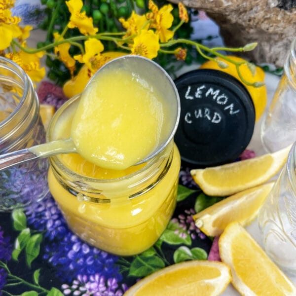 lemon cur in jar with ladel on top and lid