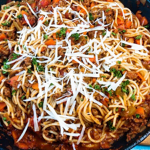 spaghetti and meat sauce in pot