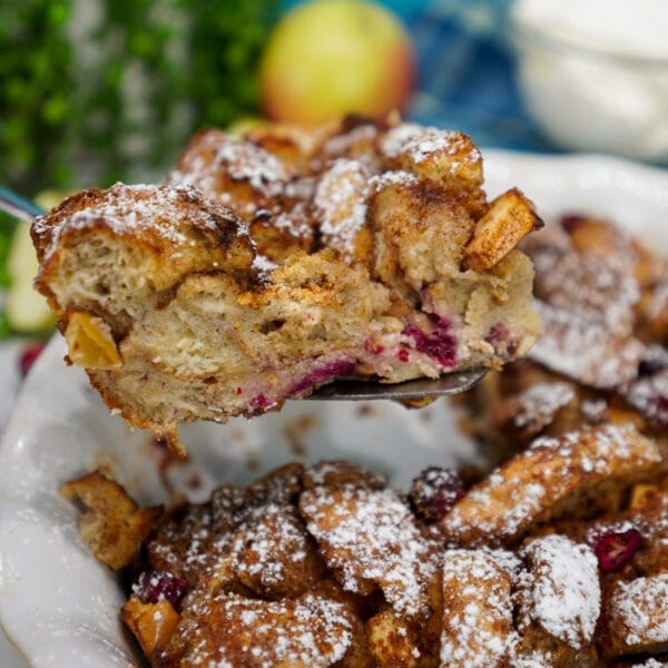 apple cranberry French toast bake on serving spoon
