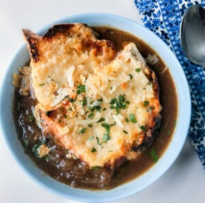 bowl of french onion soup with cheese bread