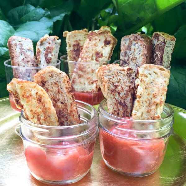 French toast fingers in stewed rhubarb