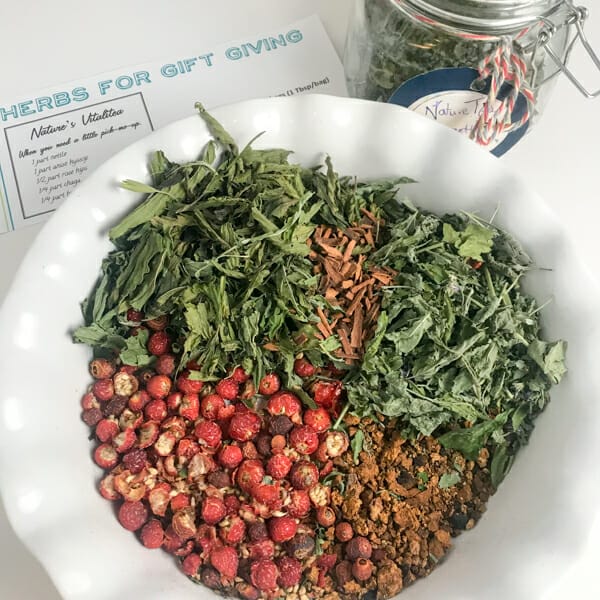 plate of herbs for tea blend