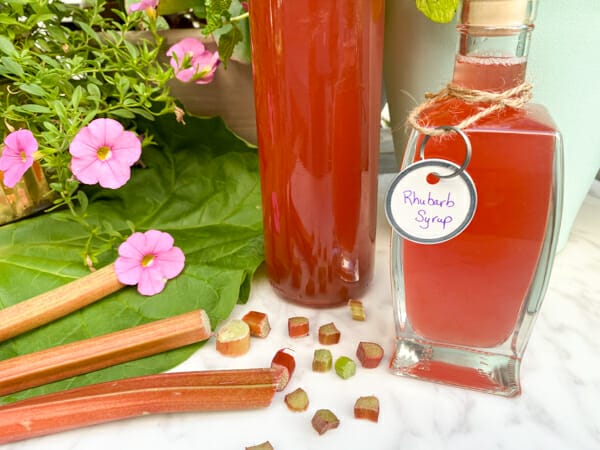 bottles of rhubarb simple syrup