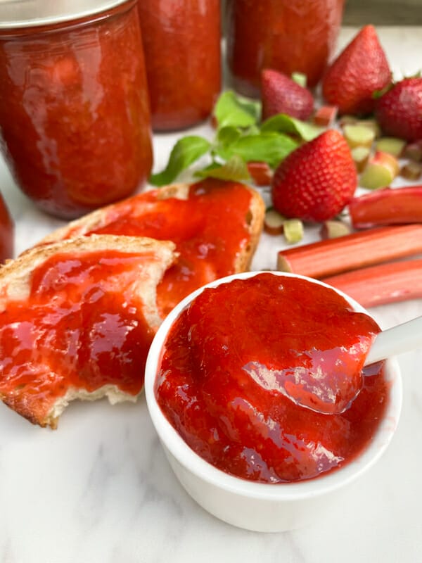 strawberry rhubarb herb jam in container