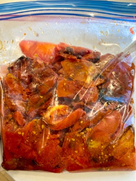 frozen roasted tomatoes in freezer bag