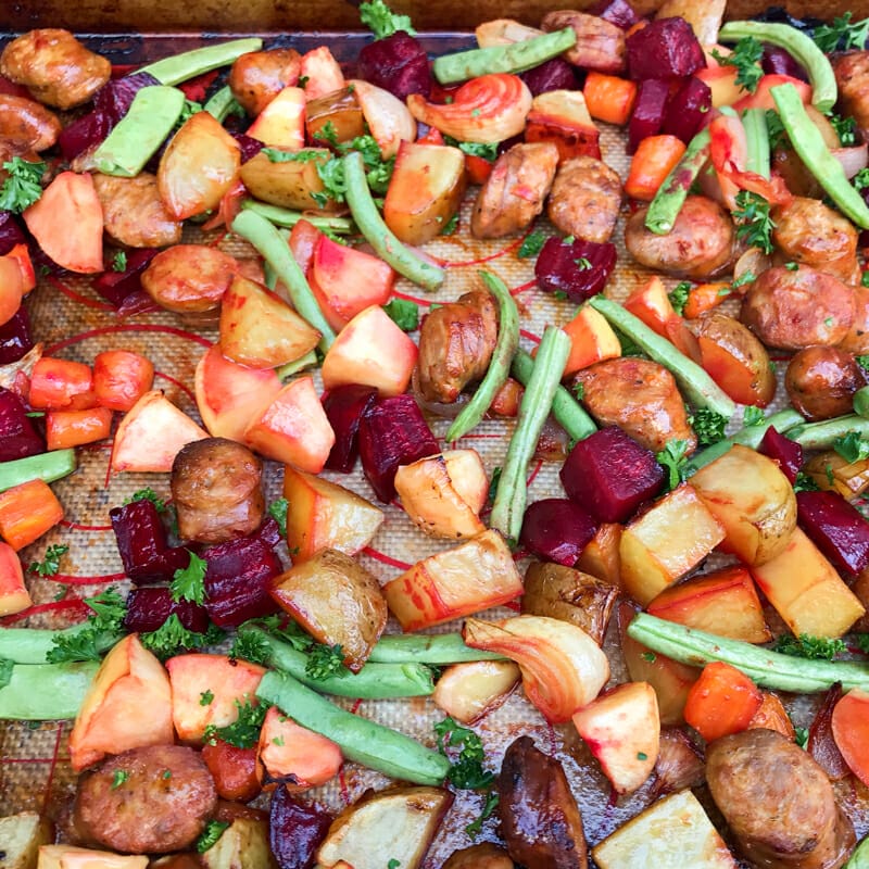 Autumn Sausage Veggie and Apple Sheet Pan Dinner - Cooking Classy