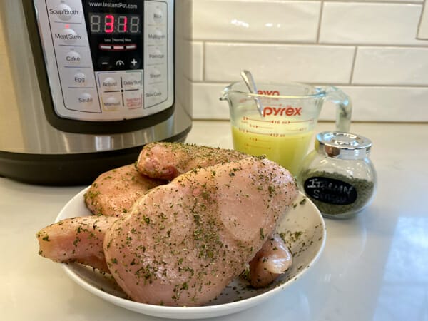 seasoned frozen chicken breasts in front of instant pot