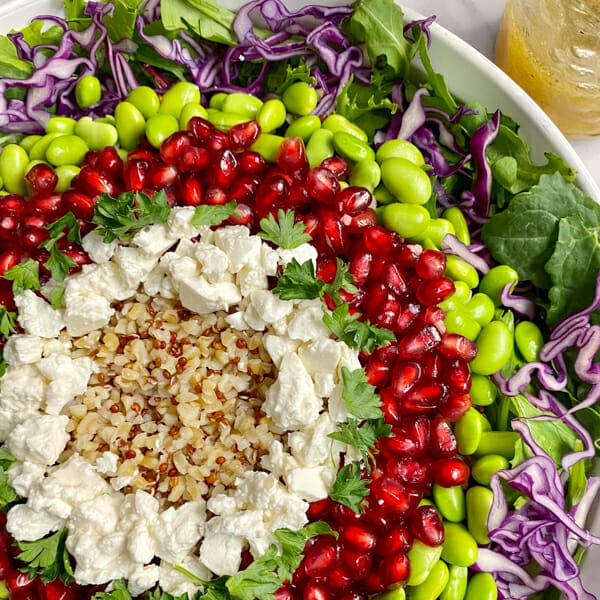 rings of whole grain, feta, pomegranates and veggies on greens on platter
