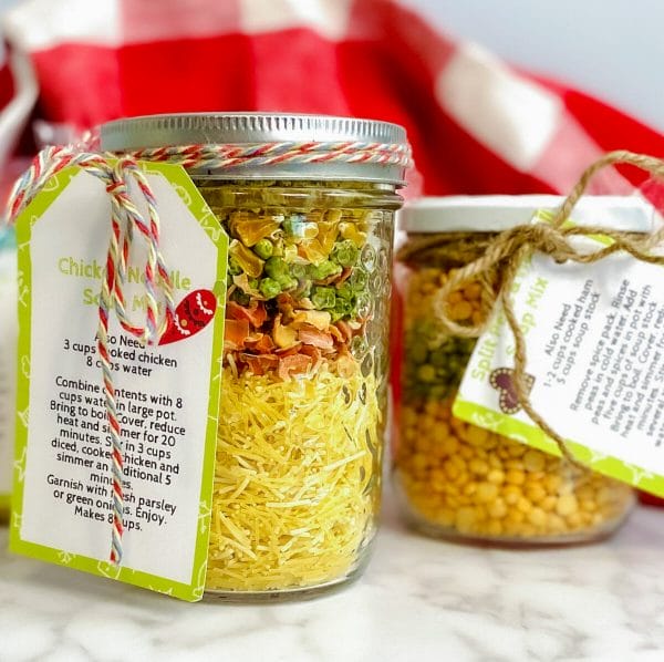 Close up of two soup mixes in jar.
